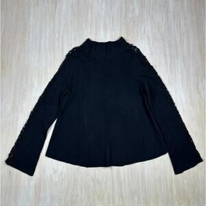Anthro Knitted & Knotted Black Lace Sleeve Funnel Cashmere Blend Sweater Large